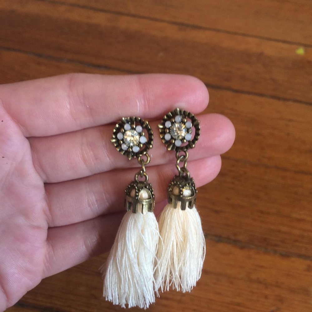 Gold and Soft White Tassel Earrings
